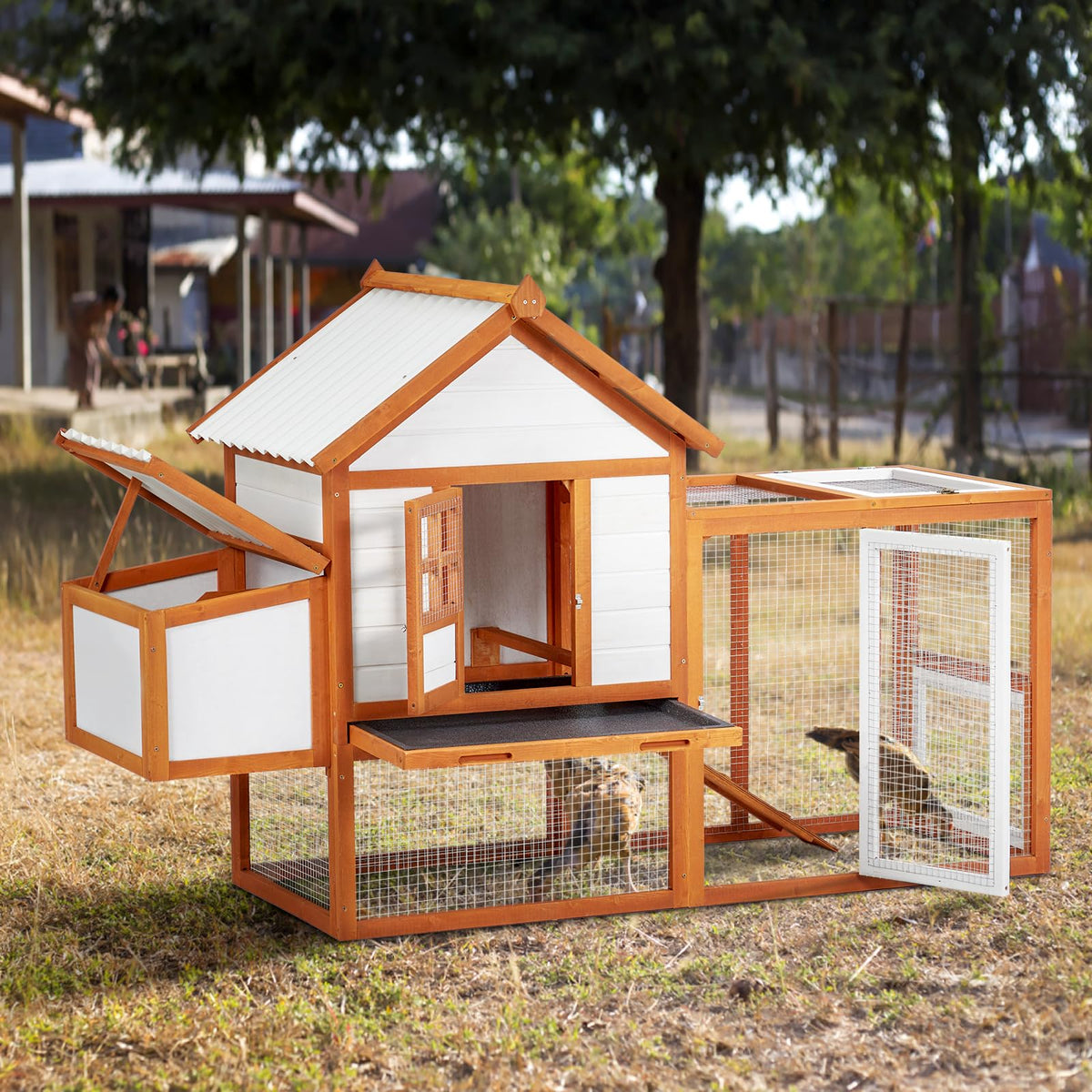 Chicken Coop with Nesting Box and Run, Wooden Outdoor Hen House, Chicken House with Ramp, 5 Access Doors, Removable Tray and Galvanized Wire for Backyard Poultry, Rabbit Hutch