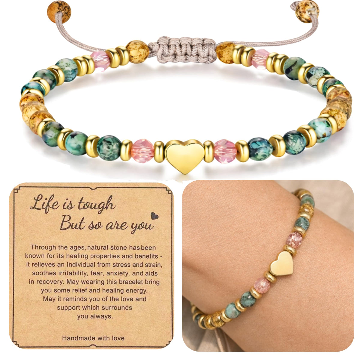 TUQBA Inspirational Healing Bracelet for Women, Get Well Soon, Gift for Her, Mothers Days Gifts, Christmas, Baptism Birthday Strawberry Quartz, Jasper Turquoise Mom with Message