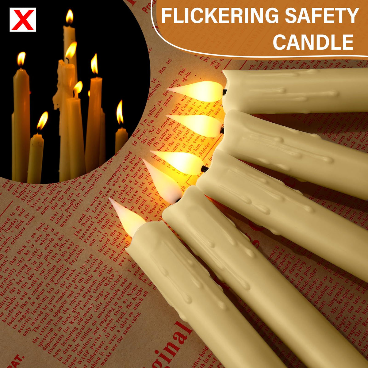 Baquler 48 Pcs 6.5/7.5/8.8/10 Inch Ivory Flameless Taper Candles LED Candle Sticks Battery Operated Flickering LED Candlestick Window Plastic Candle for Wedding Halloween Christmas Decor(No Battery)