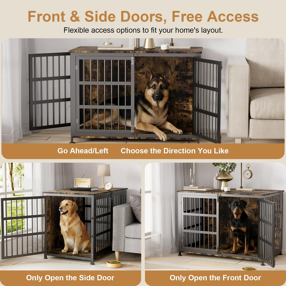 46" Dog Crate Furniture with Wheels, XXL Heavy Duty Dog Kennel Indoor for XL Dogs, Metal Chew-Proof Dog Cage, 45.9" L x 27.6" W x 32.4" H, Decorate House as TV Stand, End Table — Rustic Brown