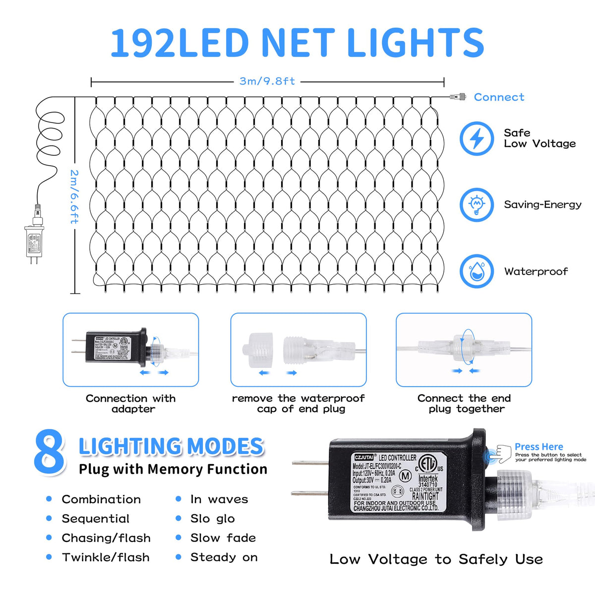 HEYFUNi 192 LED Net Lights Outdoor Mesh Lights,8 Modes Net Light for Bushes Plug in, Waterproof Christmas Net String Light for Bushes Ceiling Wedding Indoor Outdoor(9.8ft x 6.6ft,Blue White)