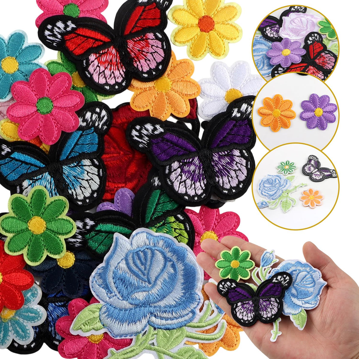 36Pcs Flower Iron On Patches, Cute Butterfly Sew On Embroidered Applique Repair Patches for Clothing, Hats, Backpacks, Jackets, Bags