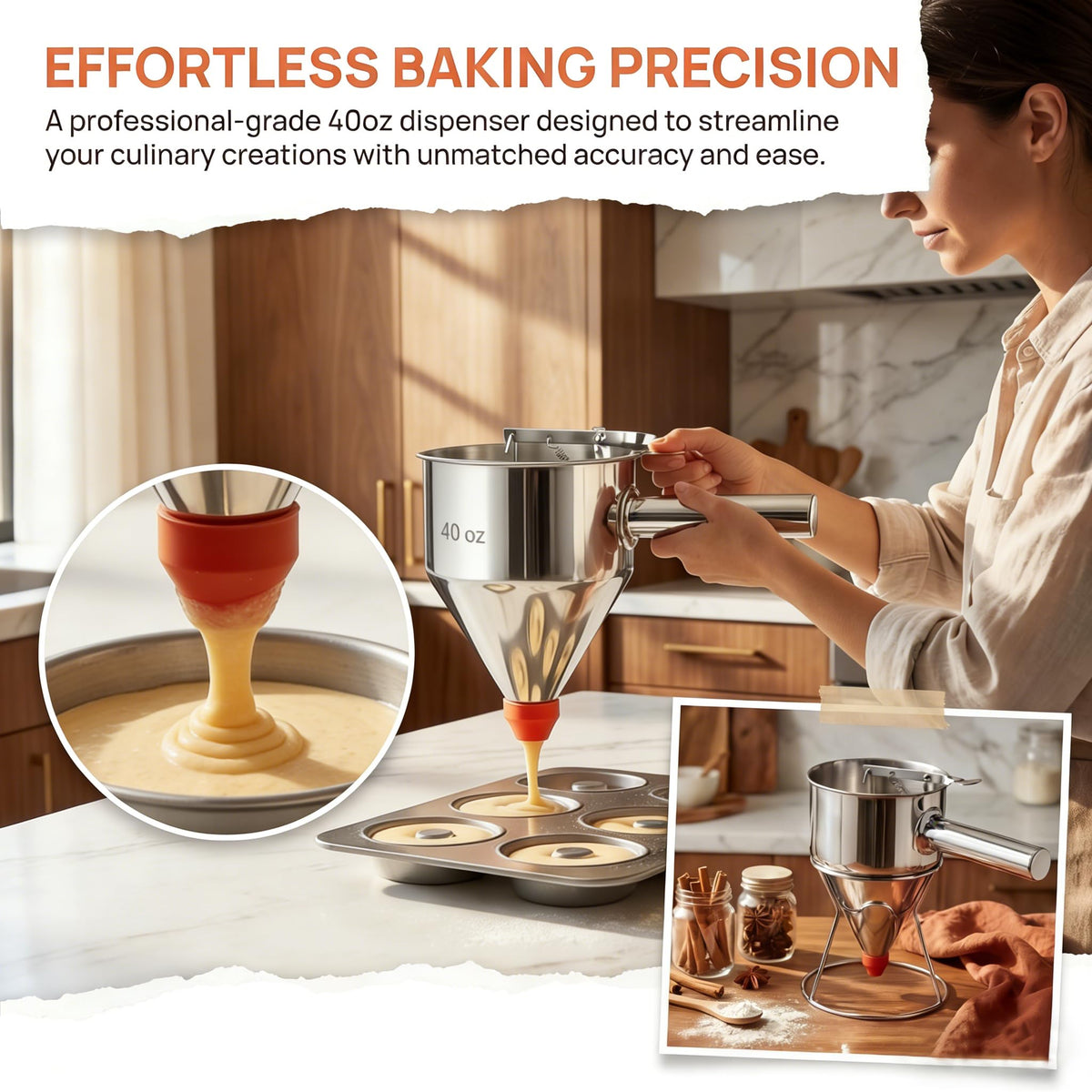 40oz 304 Stainless Steel Pancake Batter Dispenser With Dustproof Lid 4 Interchangeable Nozzles&Detachable Handle Perfect For Parent-Child Baking, Holiday Parties, Cupcakes Waffles。