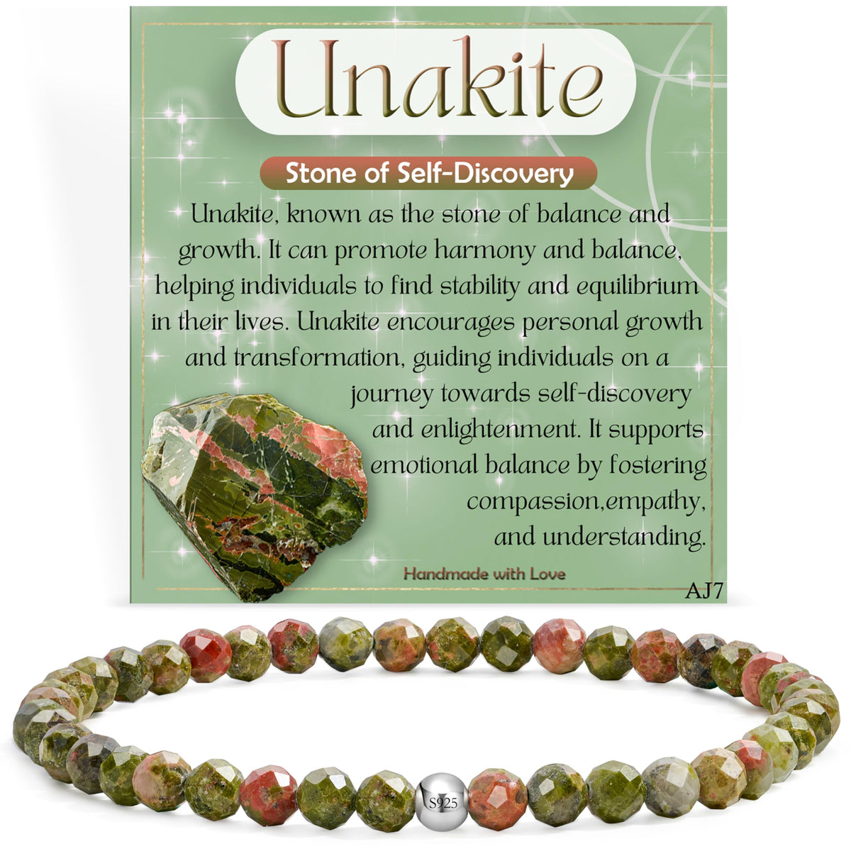 Unakite - Self-Discovery - Beaded Bracelets for Women,Handmade Natural Stone 4mm Beads 925 Sterling Silver Stretch Bracelets, Chakra Crystal Gemstone Jewelry Gifts for Mom