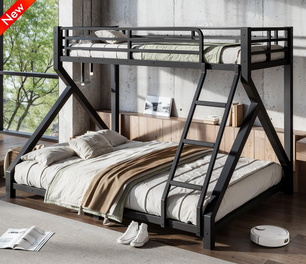 LEEKAF Stronger & Thickened Heavy Duty Metal Bunk Bed Twin XL Over Queen Size for Adults Teens, Safer More Stable Bunkbed (Greater Weight Capacity) (Black,Twin XL Over Queen A)