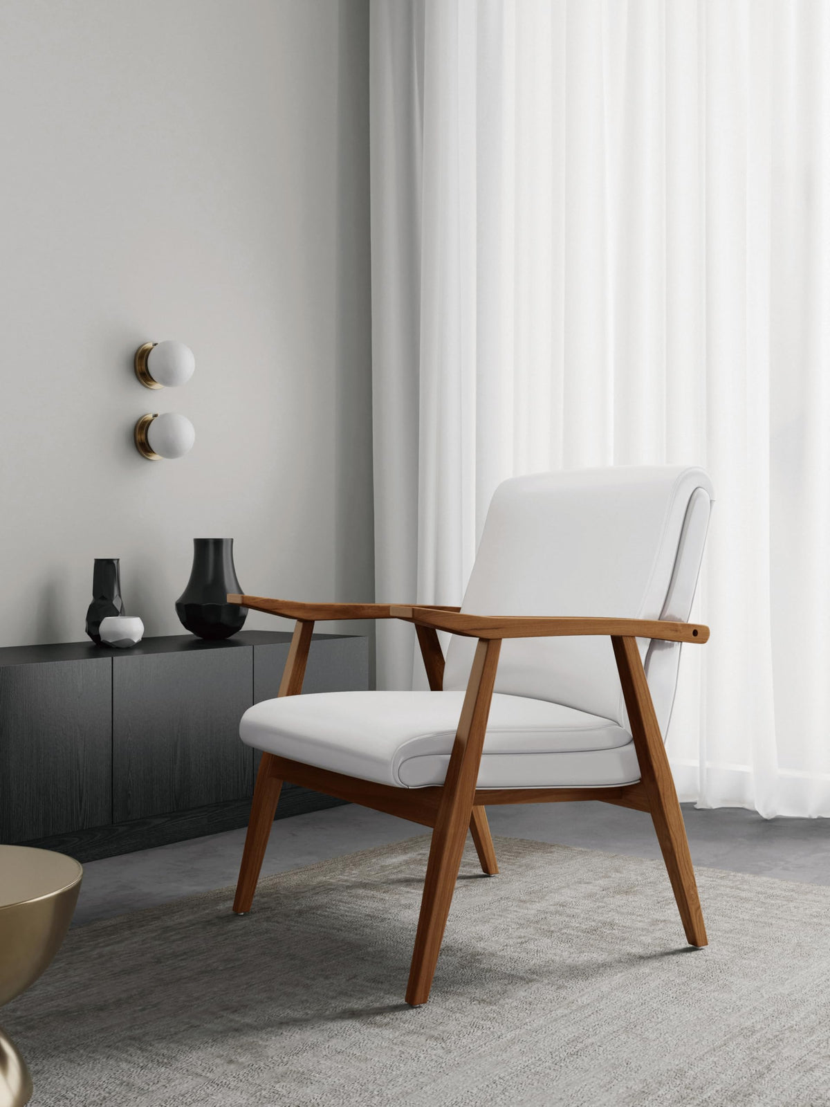 Manhattan Comfort Archduke Mid Century Modern Accent Chair, Fully Assembled, Made of Beech Wood Frame, Upholstered in Faux Leather, Ideal for Living Room, Set of 1, White