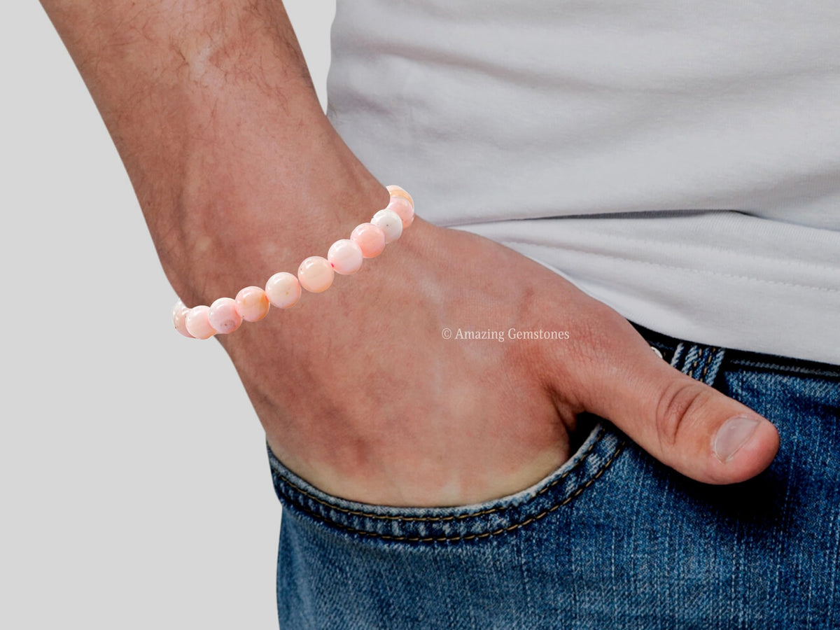 Amazing Gemstone Pink Opal Bracelet, Gifts For Men & Women - Protection Healing Crystal Bracelet - 8mm Gemstone Beaded Adjustable Bracelet, Pulseras Para Hombres Mujer Stocking Stuffers