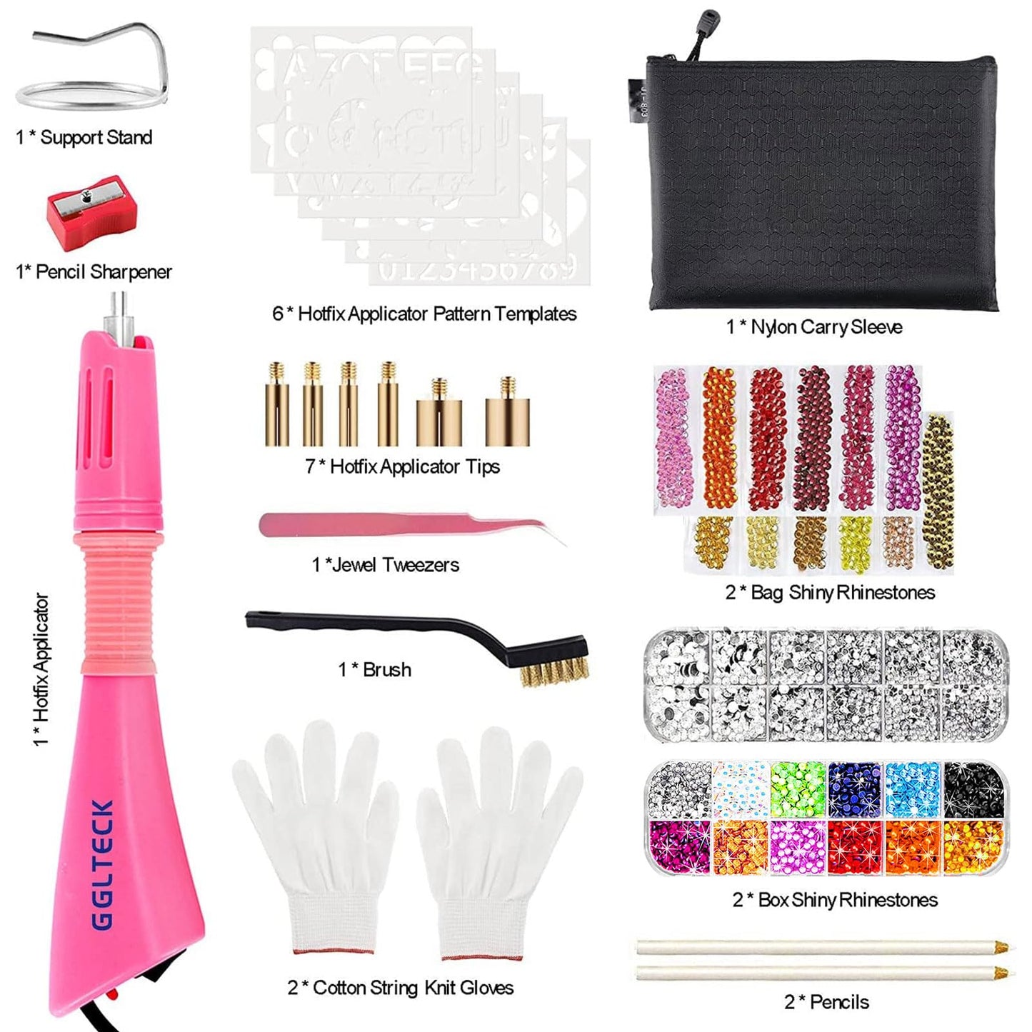 GGLTECK Hotfix Applicator Rhinestones - Hot Fixed Bedazzler Kit, DIY Hot Fix Rhinestone Applicator with 7 Different Sizes Tips, 5304 PCS Rhinestones, Tweezers Brush Cleaning Kit