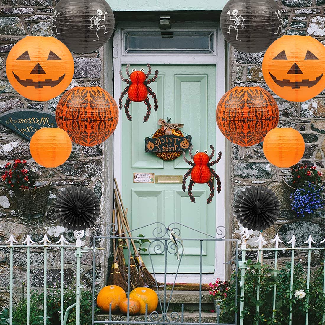 UNIQOOO 12Pcs Halloween Hanging Decorations Paper Lanterns, Jack-O'-Lantern Spider Skeleton Pumpkin for Indoor & Outdoor Spooky Home Decor, Party Supplies Props, 12" & 8" (Orange, Black)