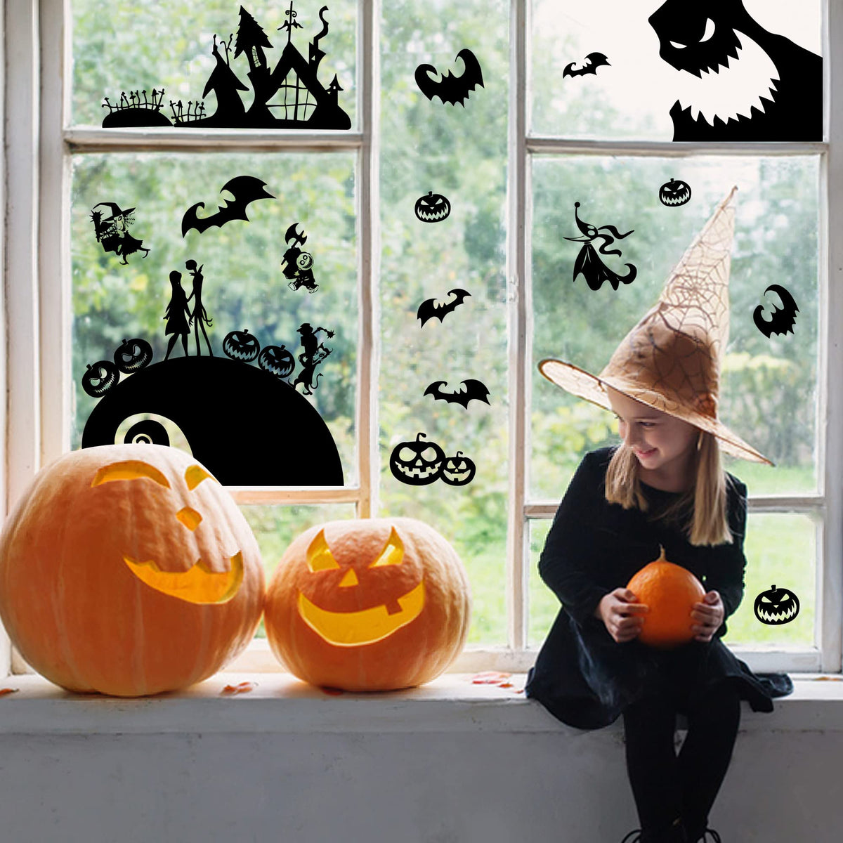 Feuid Gniea 7Pcs Jack and Sally Window Clings Sticker Pumpkin Halloween Jack and Sally Christmas Cartoon Skull Electrostatic Stickers for Christmas Party Decoration Window Glass Mirror Decor Decals