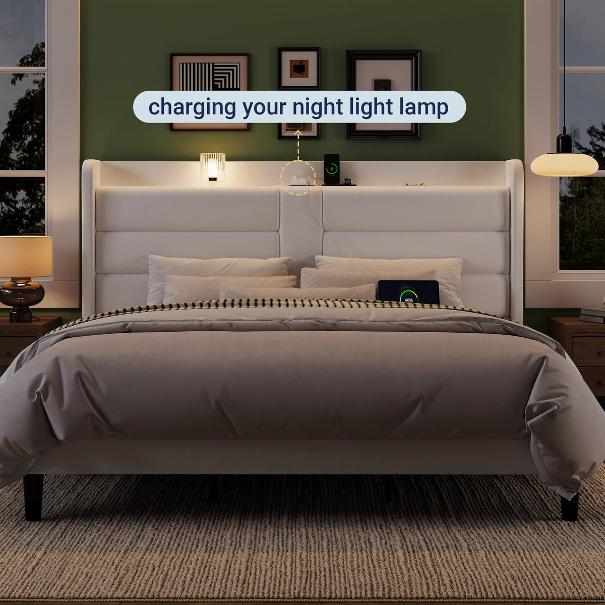 Allewie King Size Platform Bed Frame with Charging Station & Storage Headboard, Upholstered Velvet Wingback Design & USB Port, Strong Wooden Slats Support, No Box Spring Needed, Easy Assembly, White