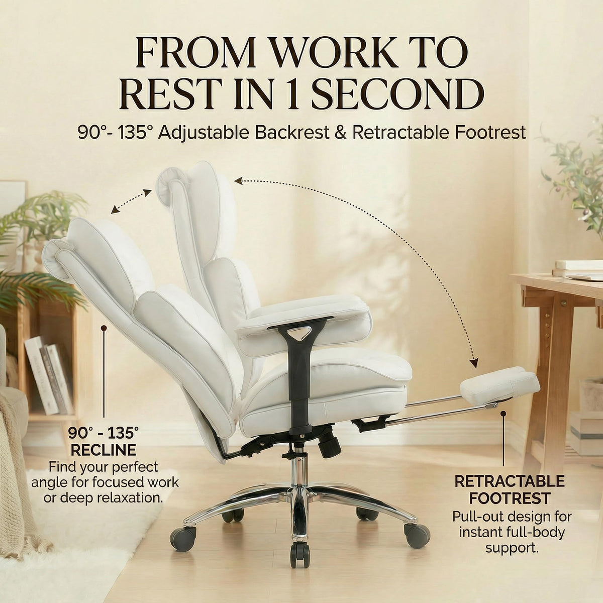 Efomao Big & Tall Executive Office Chair with Footrest - 400lbs Heavy Duty High Back PU Leather Desk Chair, Modern Ergonomic Reclining Computer Chair, White