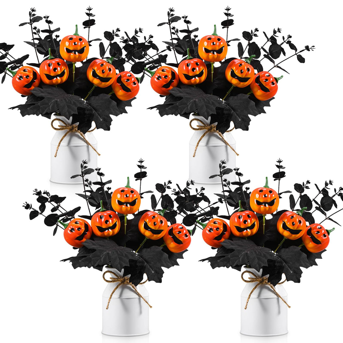 Thiccywoov 4 Sets Halloween Table Centerpiece Decorations Artificial Black Pumpkins Eucalyptus with Metal Vase Faux Pumpkins Plants in Pots for Halloween Trick or Treat Party Home Dining Table Decor