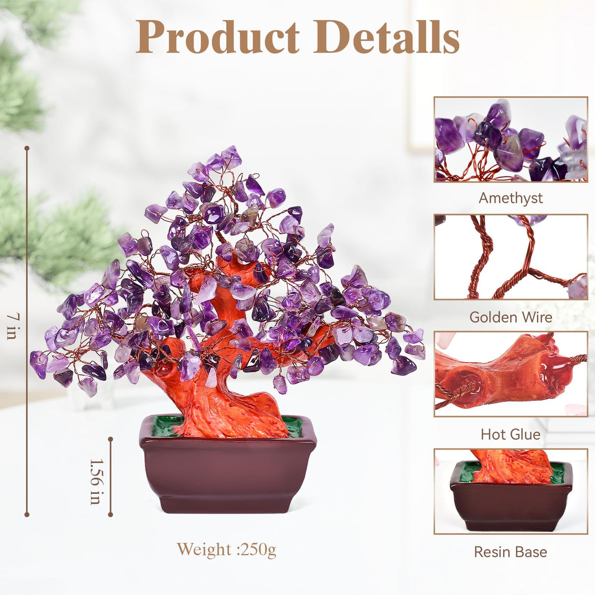 AzureLeap Feng Shui Quartz Crystal Money Tree Bonsai Style Decoration for Luck and Wealth (Purple)