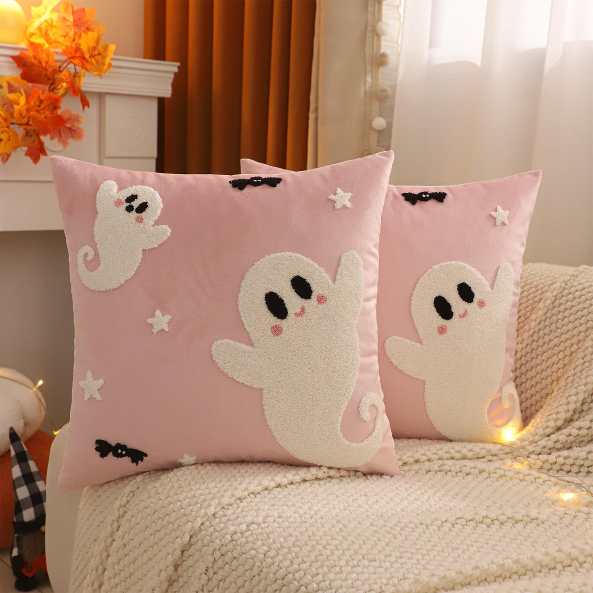 Tosleo Halloween Throw Pillow Covers 18x18 inch Set of 2 Halloween White Spooky Ghosts Embroidered Pillow Cases Thanksgiving Home Party Fall Decor Pillowcases Square Pink Velvet Cushion Covers