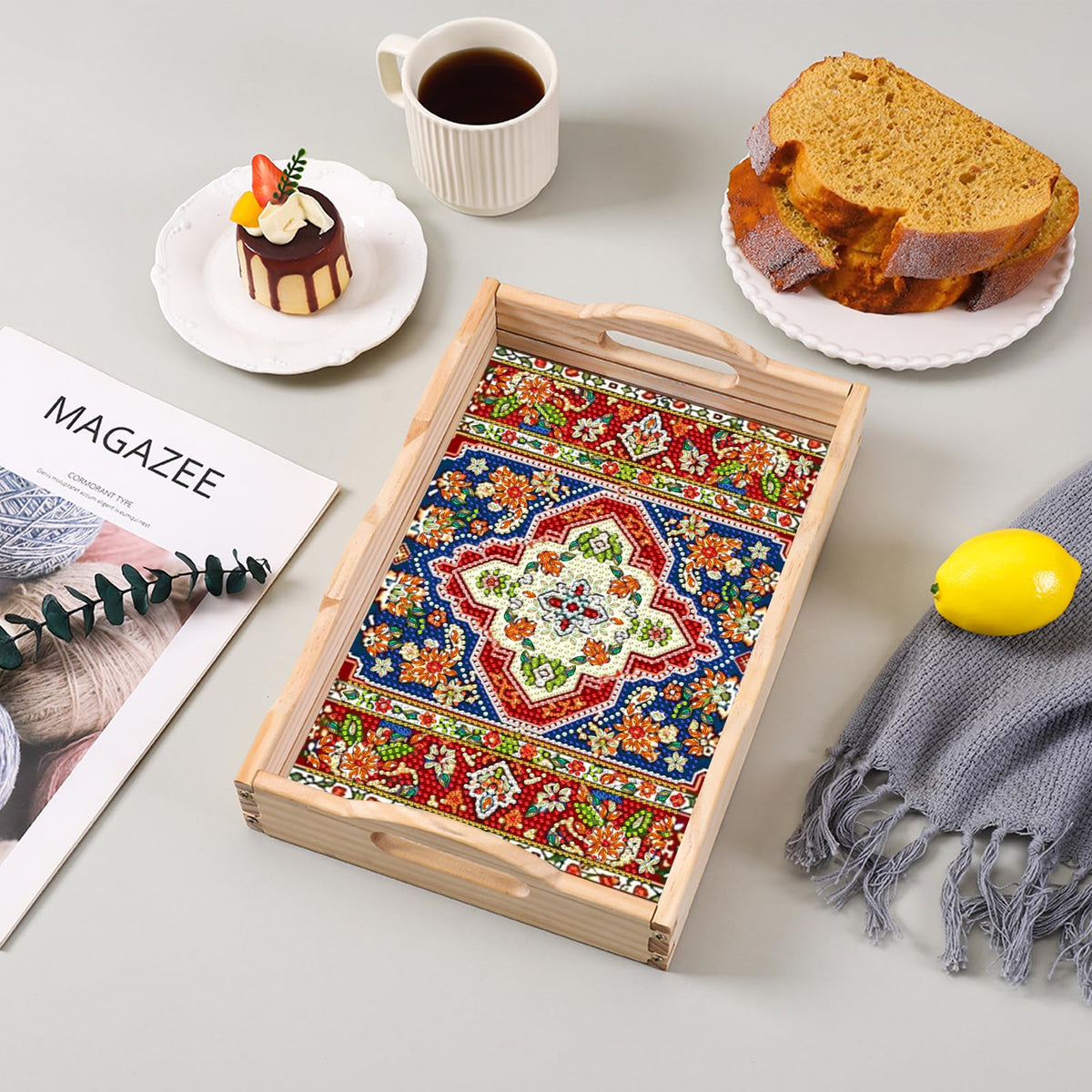 DOTSOPS 5D Diamond Art Kits for Adults Wooden Serving Tray with Handle Special Diamond Painting Plate Big Gem Dots Paint by Numbers Crafts Kits for Living Room Mandala 12 x 16 Inches