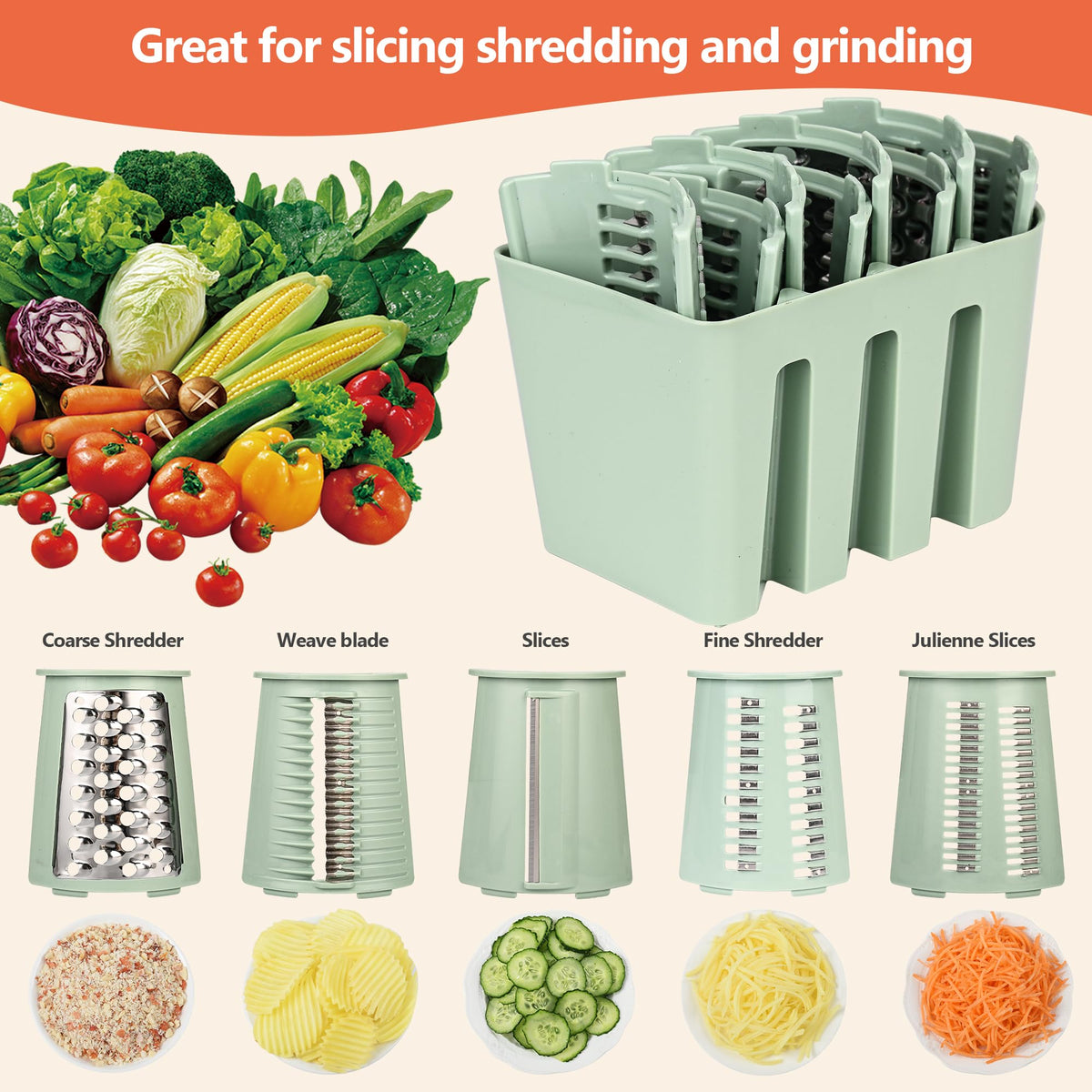 Cheese Grater With Hand Crank Countertop For Kitchen，Grater Shredder With Handle For Kitchen Rotating，Vegetable Slicer，Nuts Grinder Cheese Shredder with Clean Brush(5 Blades Matcha Color)