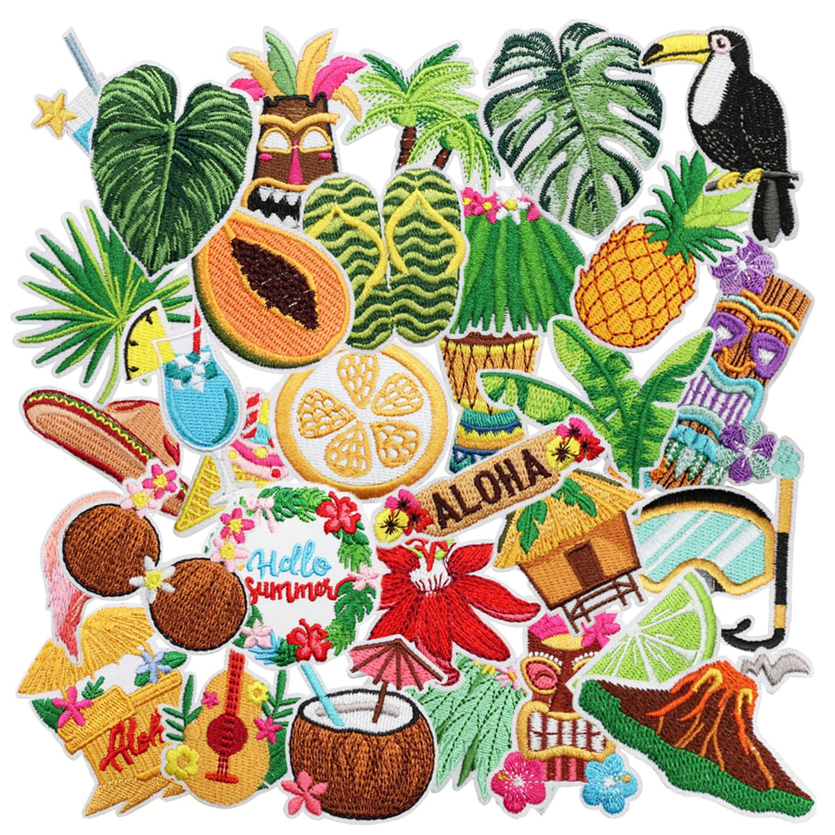 Nicime 32pcs Summer Hawaii Iron/Sew on Patches, Cute Funny Embroidered Applique, Vacation Tour Decration for Clothes, Hat, Bag, Jeans, Dress, Shirt