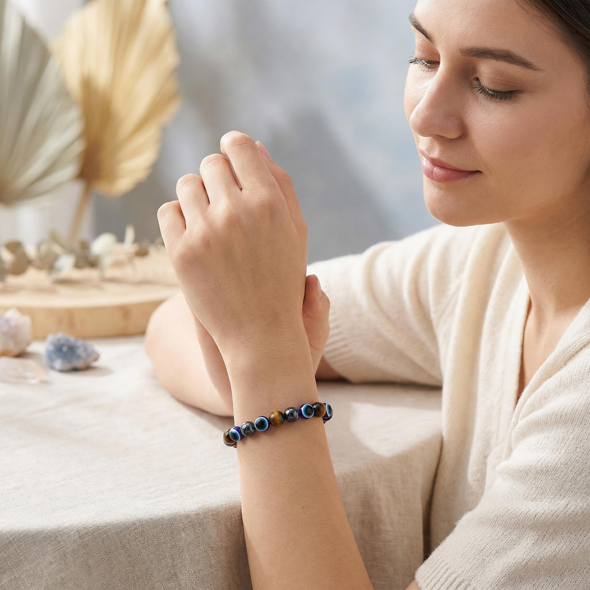 Bivei Evil Eye Bracelets Protection, Strength Crystal Healing Bracelet 8MM with Black Tourmaline, Obsidian & Tiger Eye - Spiritual Stretch Beaded Jewelry for Women Men Gift