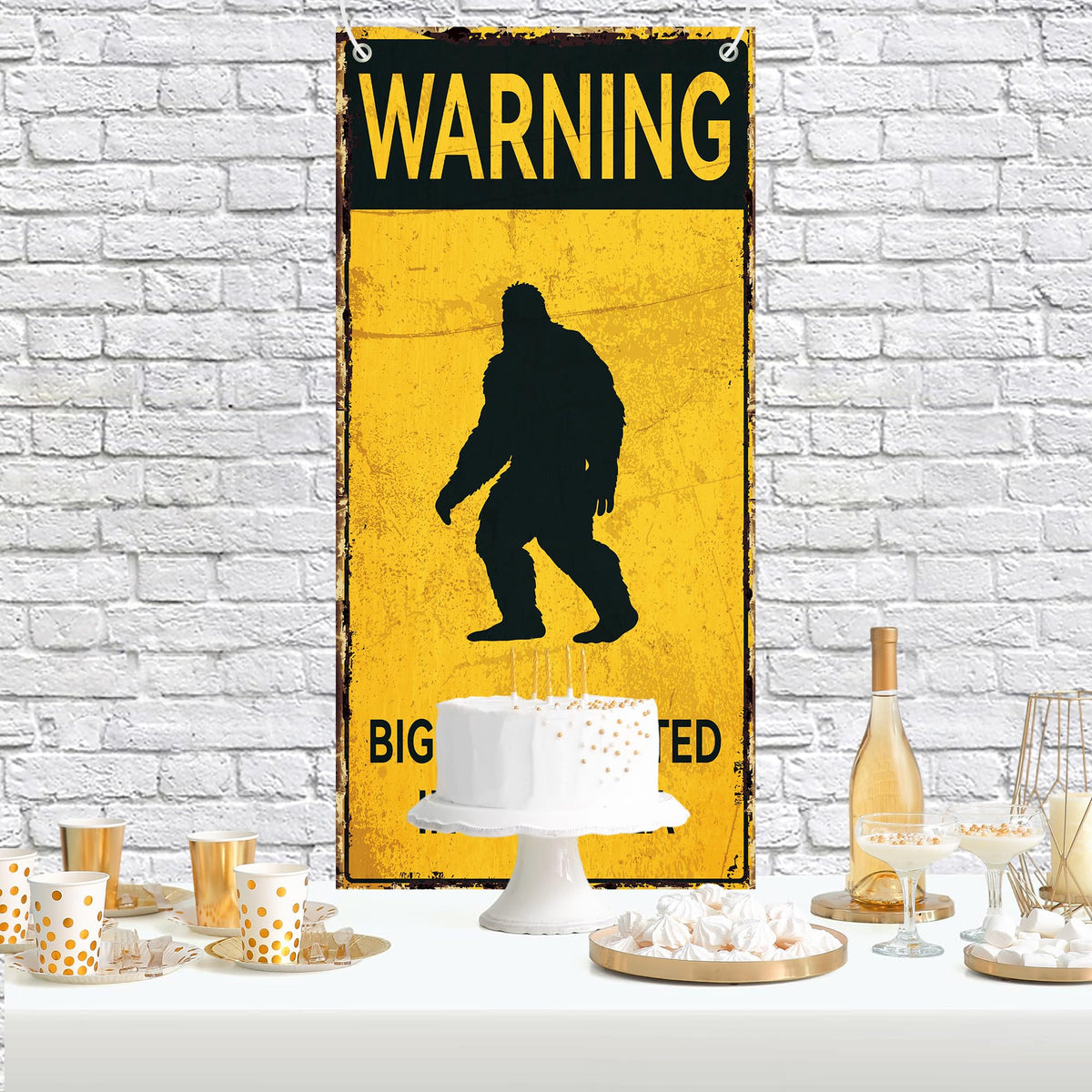 Bigfoot Caution Backdrop Banner BIGFOOT SIGHTED IN THIS AREA Sasquatch Silhouette Novelty Warning Sign Forest Theme Photography Background for Birthday Party Home Decor 35x72 Inch
