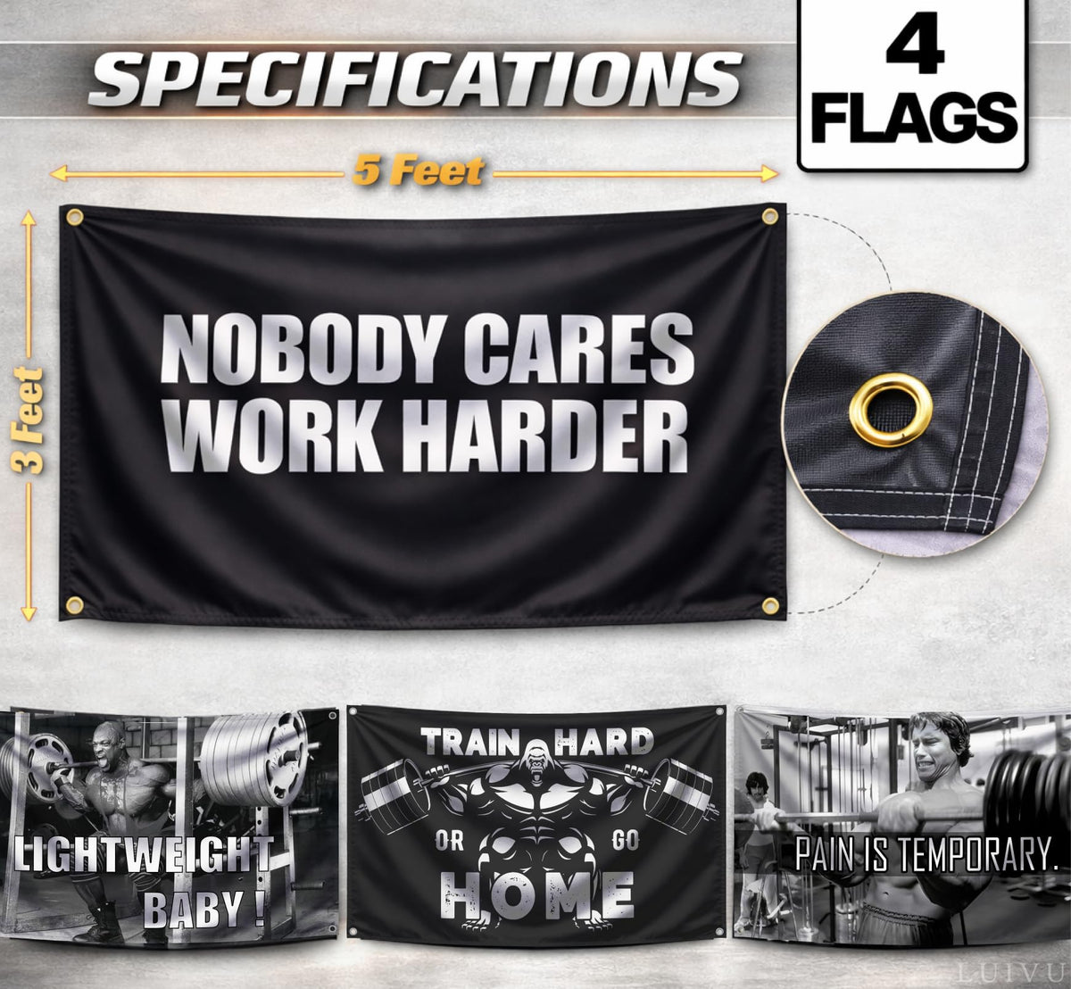 Set of 4 Motivation Gym 3x5 Polyester Flags with Four Brass Grommets - Inspire Your Workout with Single Sided Banner - Home Gym Decor for Room Guys and Man - Stay Motivated with Cool Motivation Art
