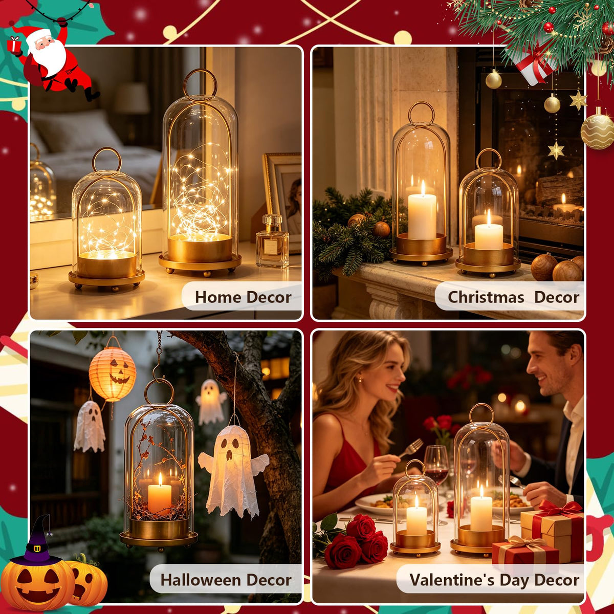 5"&4" Hurricane Glass Candle Holder Set - Metal Frame with Glass Chimney, Hanging Brass Metal Candle Holder, Pillar Candle Lantern for Wedding Party Holiday Dining Table Mantel Home Decor
