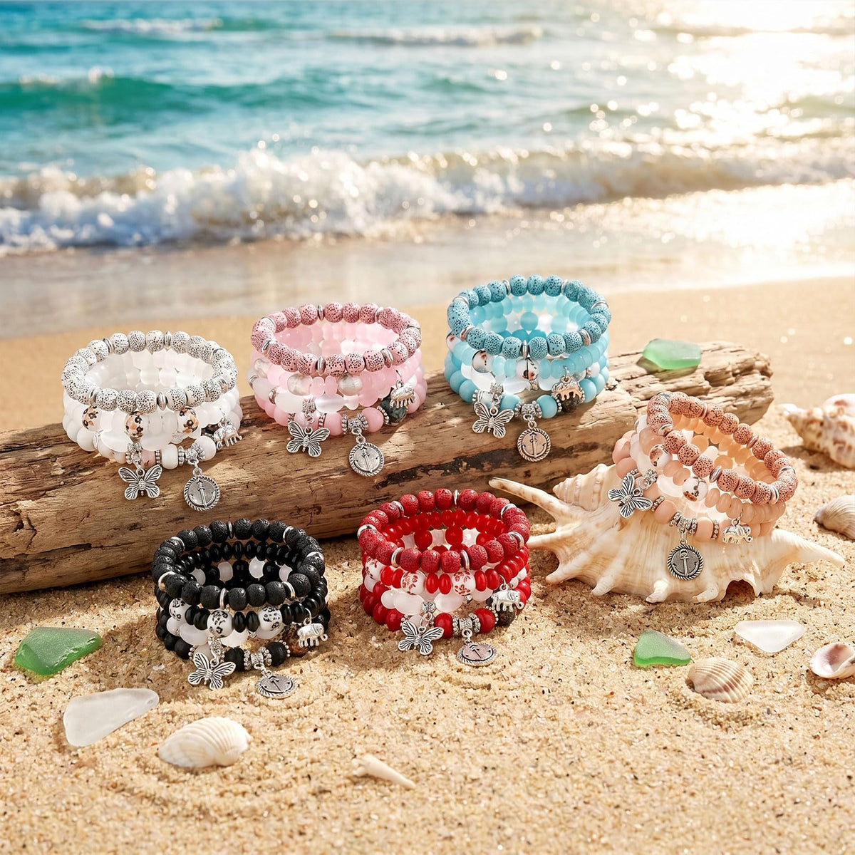 JununGao 7 Pack Bohemian Boho Bracelets for Women Set,Stackable Bracelets, Stretch Multilayer Colorful Beaded Charm Bracelets, Handmade Jewelry.