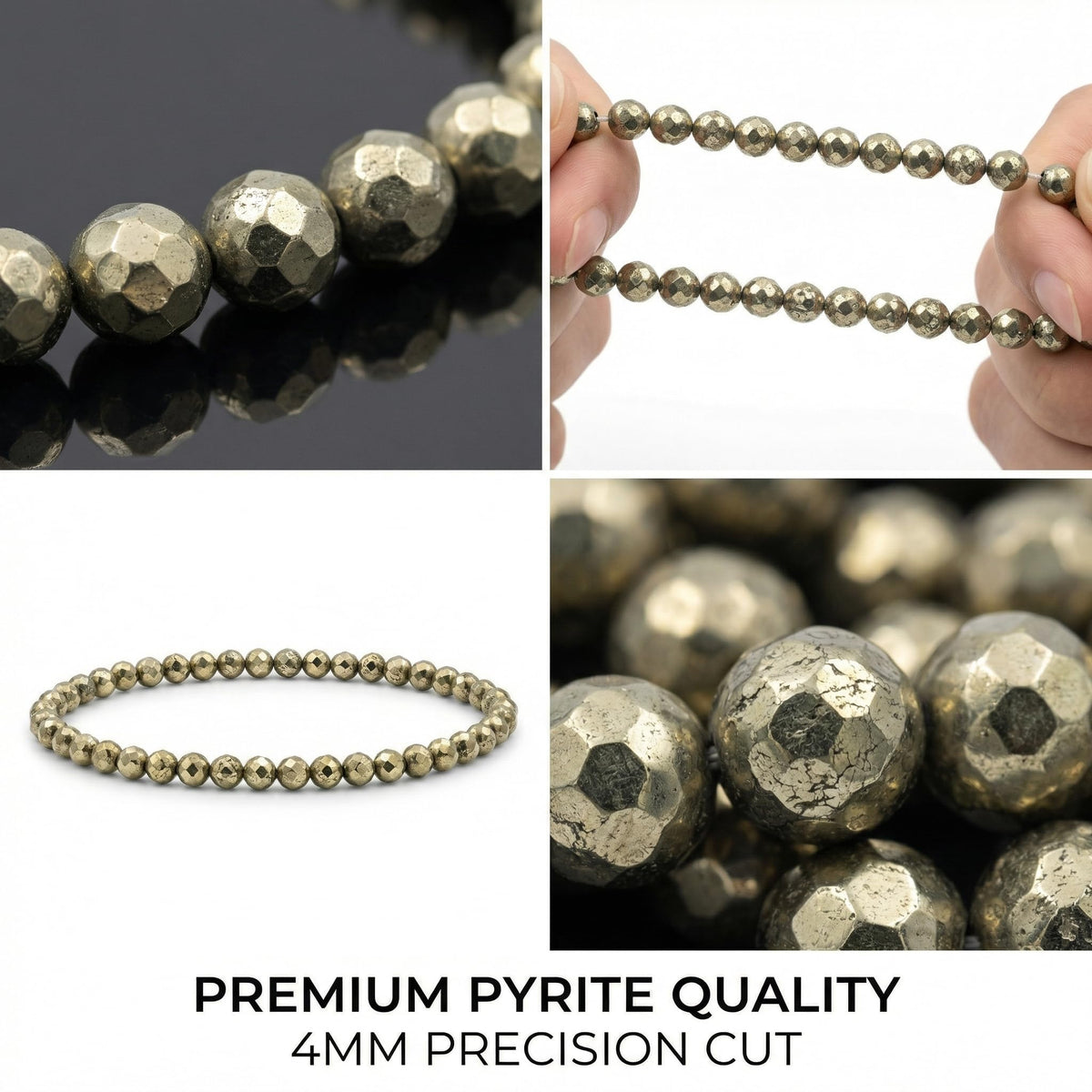 Angelstones Natural Pyrite Gemstone Small Beaded Stretch Bracelet, 4mm Faceted Round Beads, Crystal Healing Bracelet for Women