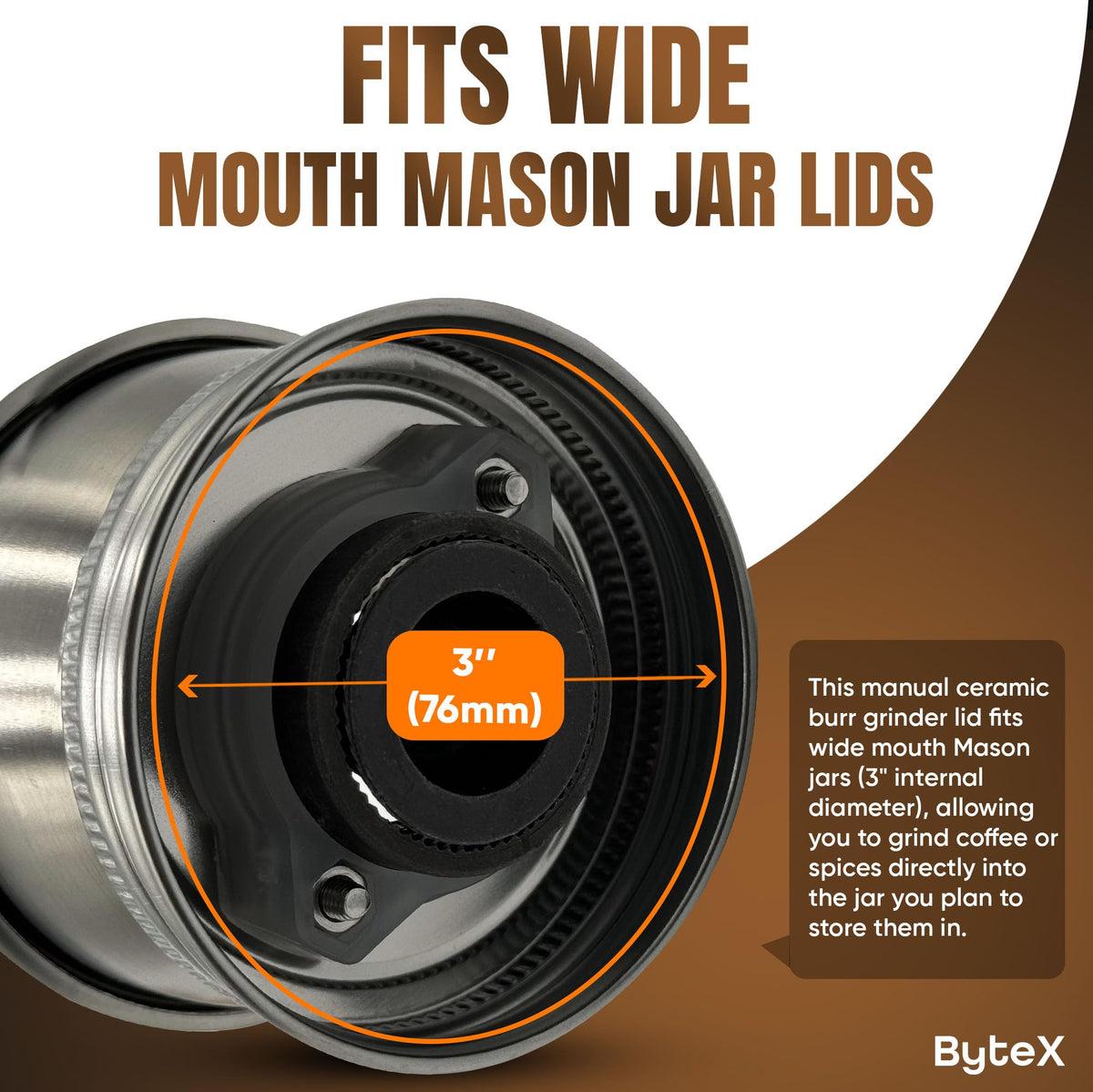 Stainless Steel Coffee Grinder Lid Attachment for Regular Mouth Mason Jars - Manual Crank Burr Grinder for Fresh Coffee, Ideal for Camping, Home Barista, Rust Proof Ceramic Mechanism (Wide)