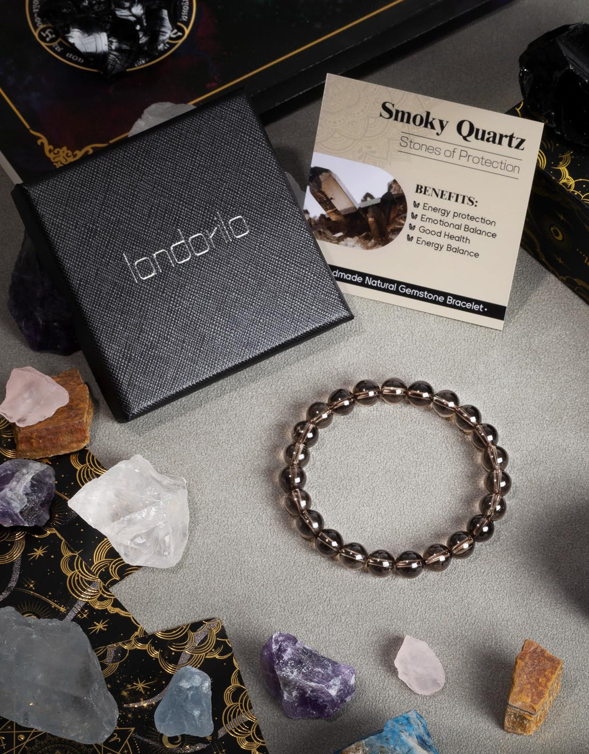 Landorilo Beaded Bracelet for Men Women, 8mm Natural Stone Smoky Quartz Healing Crystal Stretch Bracelets, Ideal Christmas Birthday Jewelry Gifts with Energy Card，Replacement Beads Included