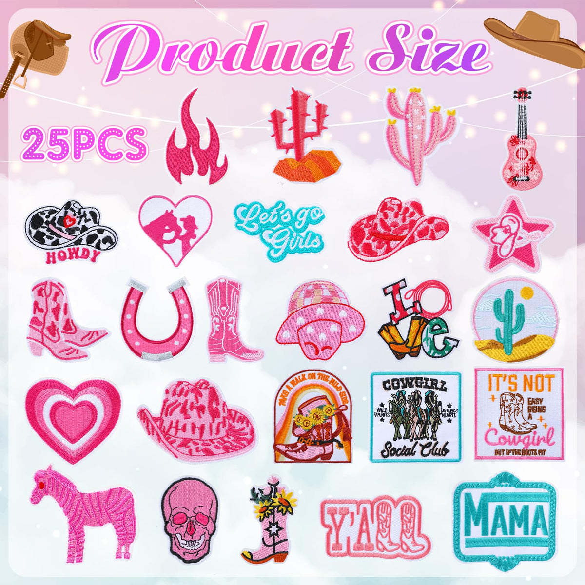 Hercicy 35PCS Western Cowgirl Trucker Hats DIY Kits, Sublimation Blank Baseball Caps Trucker Hat with Western Iron On Patches Pink Cowgirl Embroidered Patches for Bridal Shower Birthday Party