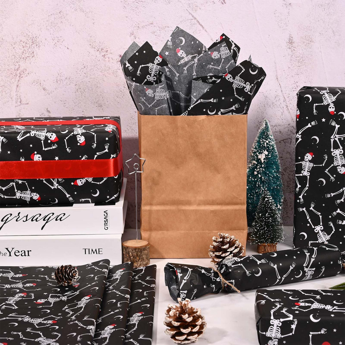 Bolsome 100 Sheets 20 * 14 Inches Christmas Tissue Paper for Gift Bags Black Dancing Skeleton with Santa Hat Printed Tissue Paper Spooky Decorative Tissue for Xmas Party Winter Holidays DIY Crafts