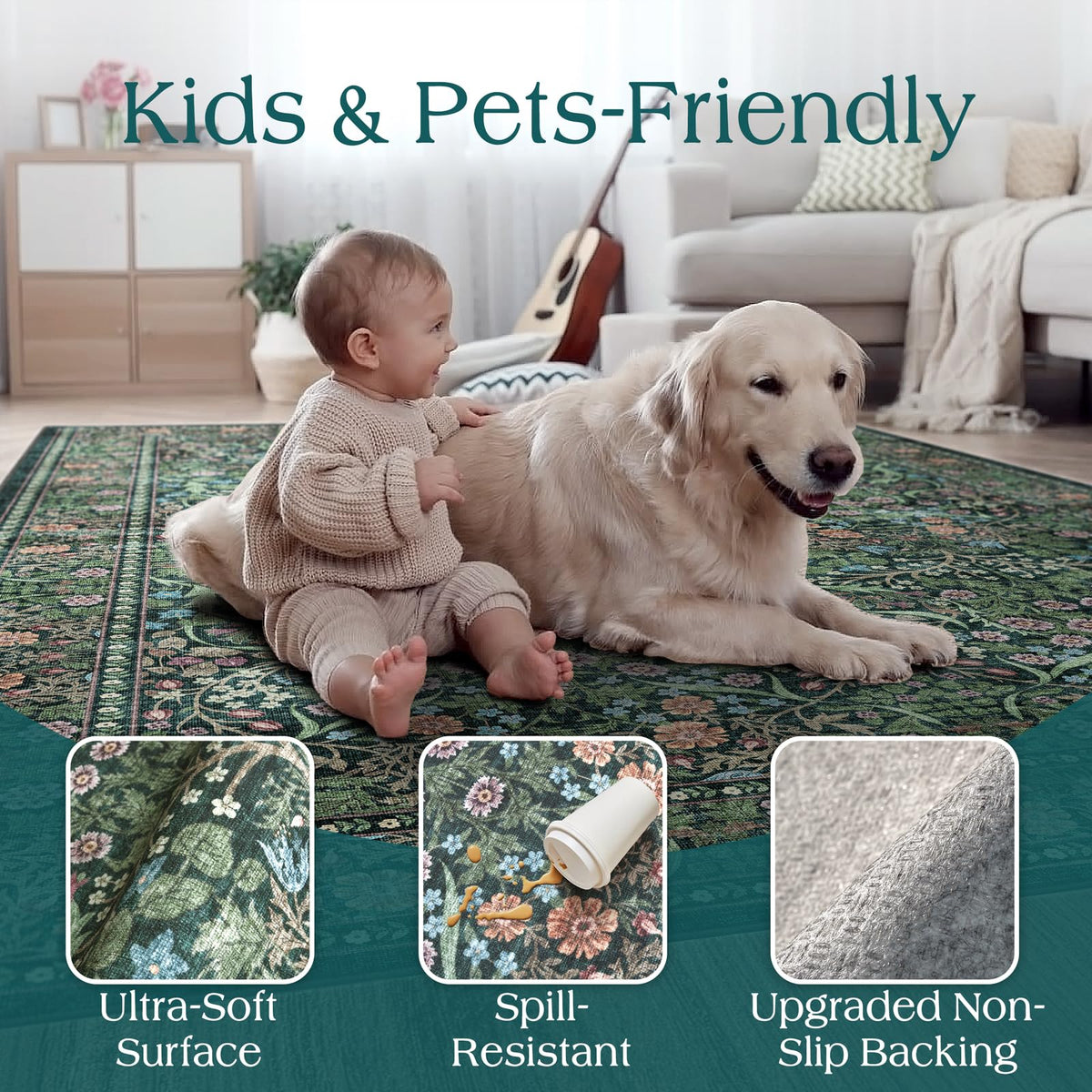 Othilic Moss Green 8x8 Square Rug - Soft Washable Boho Floral Living Room Rug Non Slip Stain Resistant Dark Forest Botanical 8' Square Area Rugs for Bedroom Guest Room Dining Room Rugs for Under Table