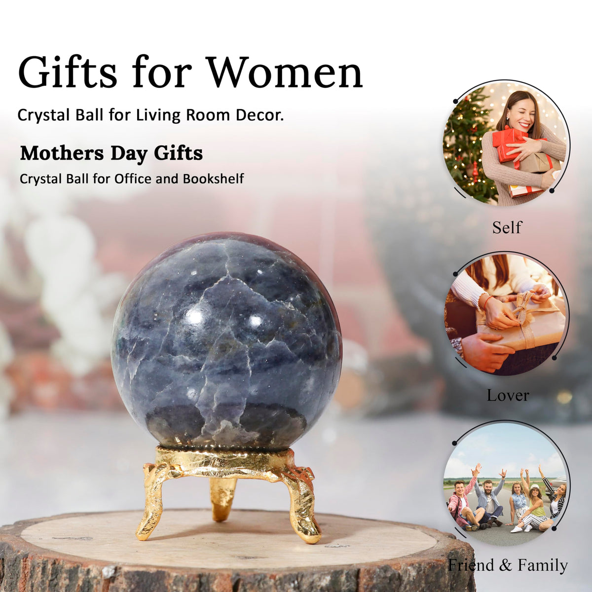 Crocon 45mm Iolite Stone Sphere Ball with Metal Stand 1400+ Carats Gemstone Ball Healing Sphere Sculpture Figurine for Fengshui Divination Home Decoration Photography Crystal Sphere