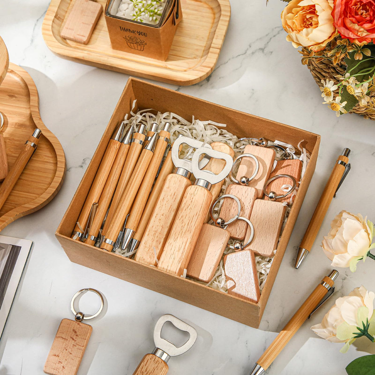 SiliFine 60 Pcs Laser Blanks Product Laser Engraving Material Kit Including DIY Wooden Blank Bottle Opener, Wooden Keychain, and Bamboo Pen for Kitchen Wedding Party Bar Home Craft