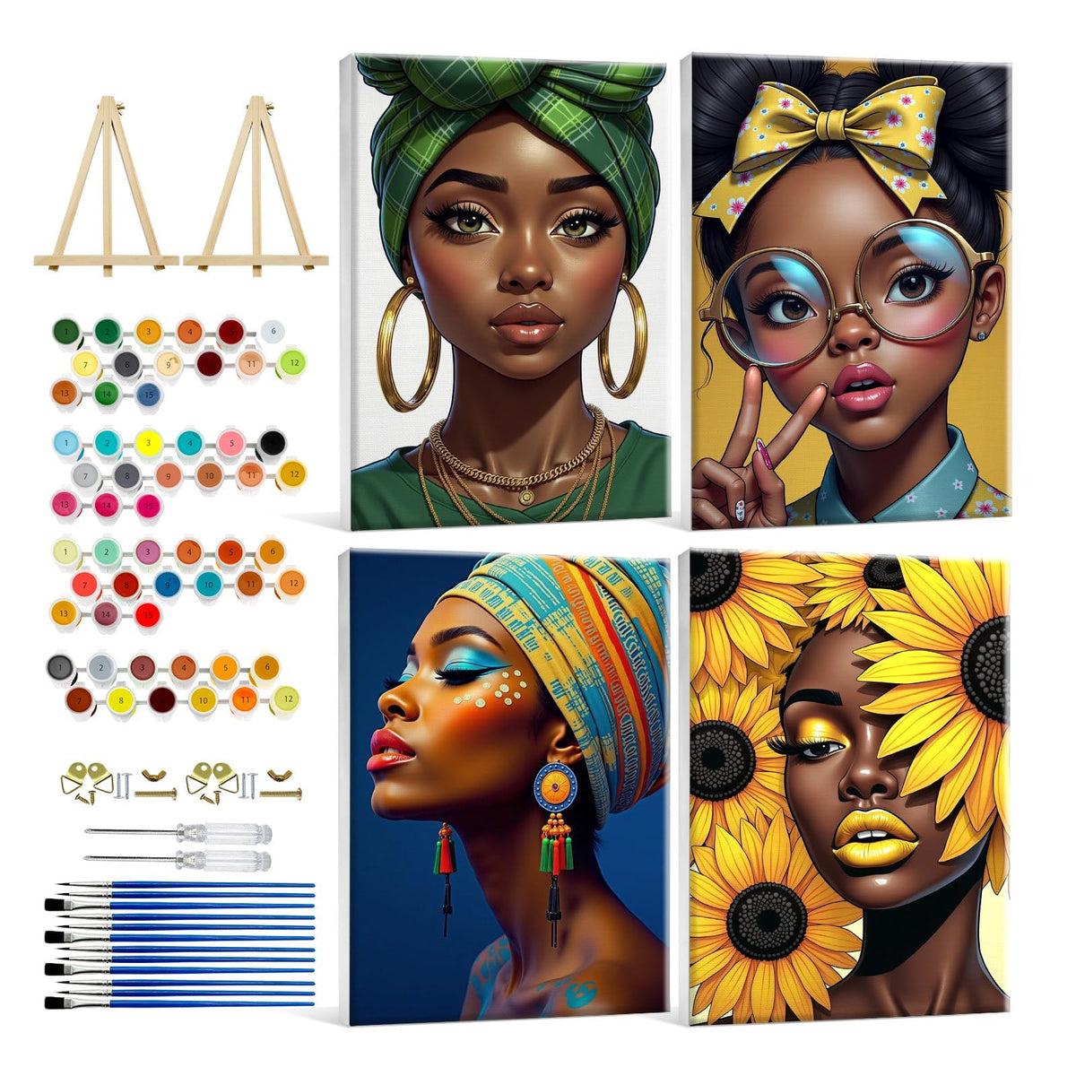 HeeBenor 4 Pack Black Women Paint by Numbers Kit for Adults Framed Canvas, Black Women Paint by Number with Easel, DIY Adult Paint by Number Kits Framed Canvas for Home Decor 8x12 Inch