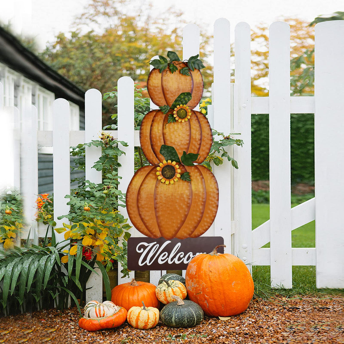 Linfevisi Pumpkin Yard Sign Stakes Stacked Pumpkin Garden Stakes Outdoor Metal Fall Decor Welcome Signs Lawn Ornaments for Autumn Harvest Thanksgiving Halloween 38.4"