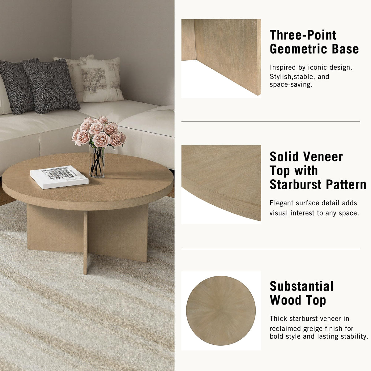 Martha Stewart Sadie Round Coffee Table – Starburst Veneer Top, Reclaimed Greige Wood Finish, Modern Accent for Living Room, Lounge, or Sitting Area, 36" Dia x 16.5" H