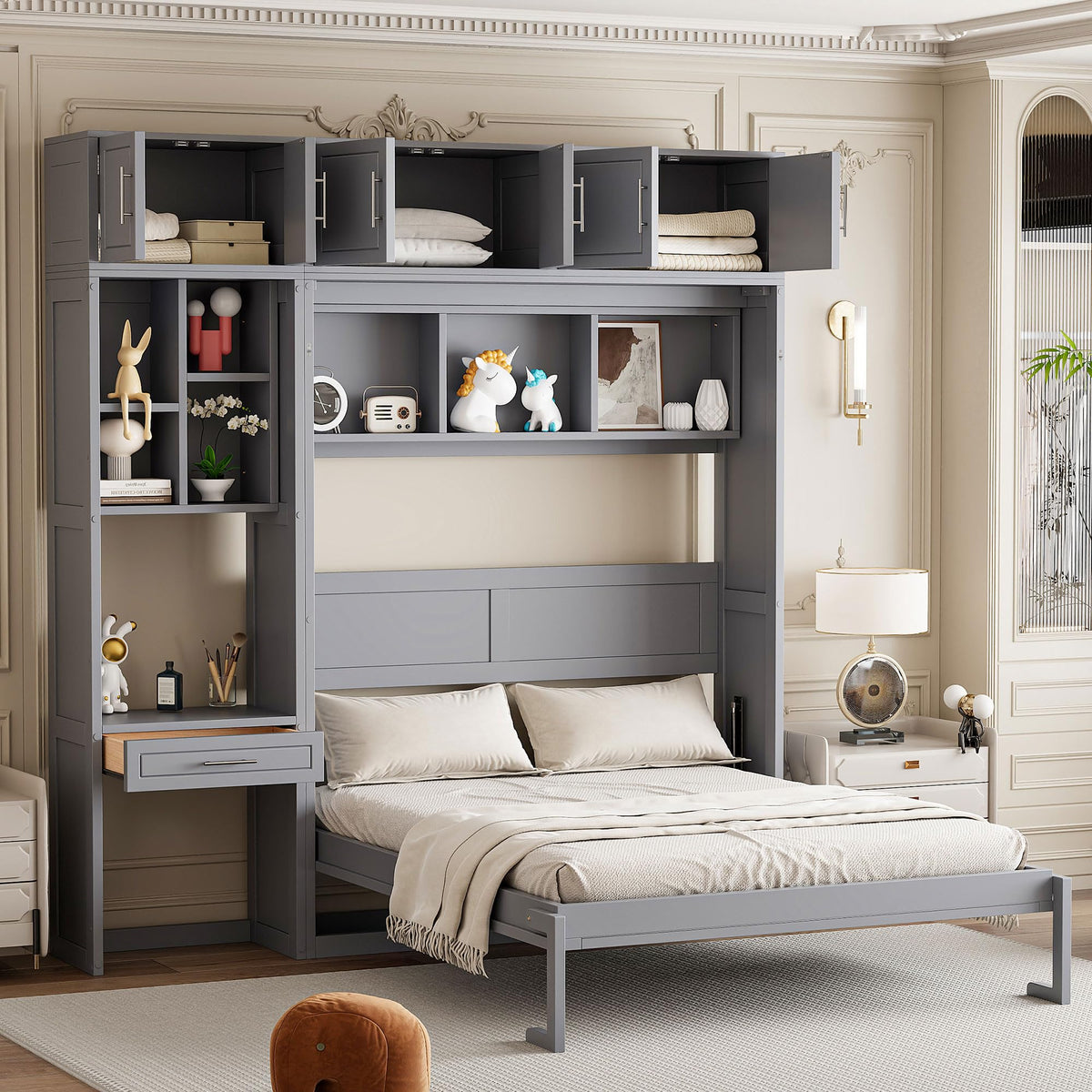 Merax Queen Size Wall Murphy Bed with Desk, Top Cabinet and Storage Shelves, Space Saving Foldable Bed, Wooden Bed Frame