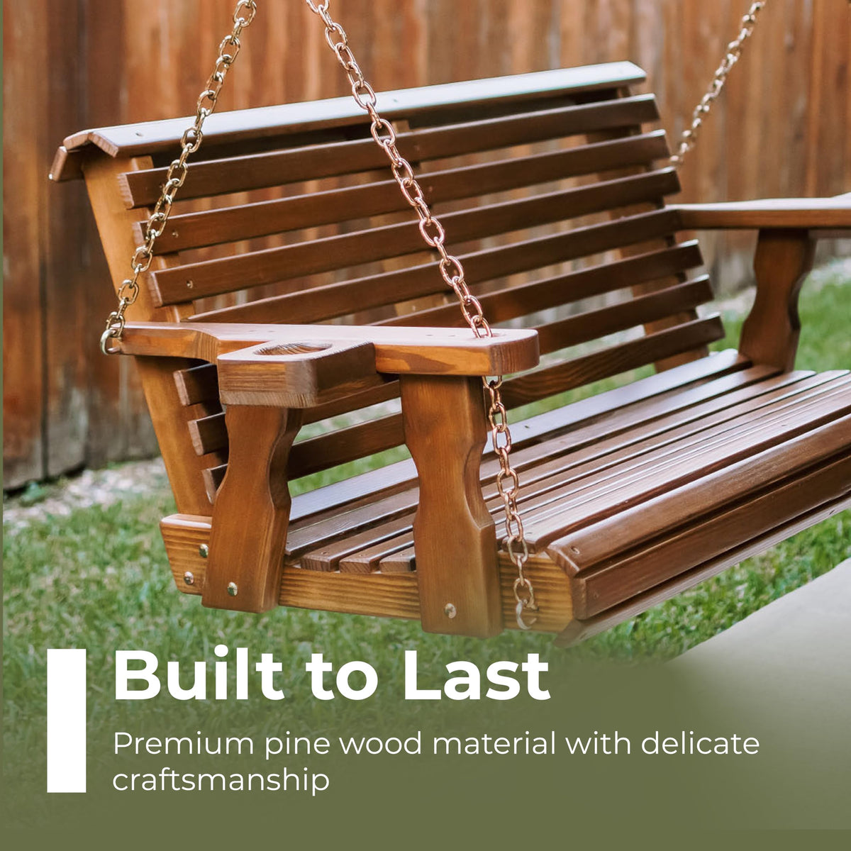 Amish Casual Heavy Duty 700 Lb Capacity Porch Swing with Cup Holders (4 Foot, Semi-Solid White Stain) – Wooden Outdoor Roll Back Swing with Hanging Chains – Amish Made in the USA
