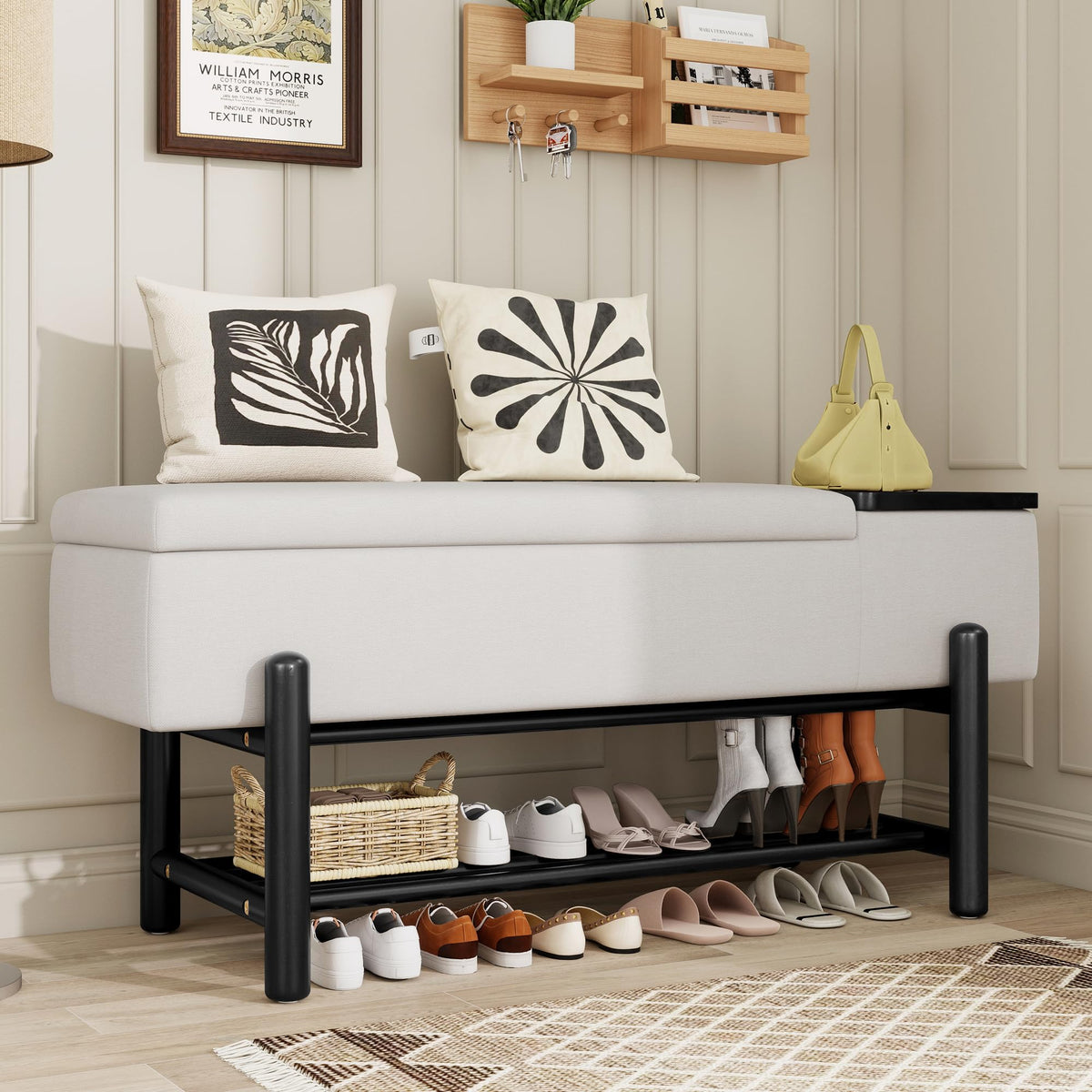 Merax Entryway Shoe Bench with Flip-Top Storage Compartment and Padded Seat Cushion, Modern Storage Bench with 2-Tier Shoe Rack Organizer for Entryway, Hallways, Front Door Entrance, Foyer, Black