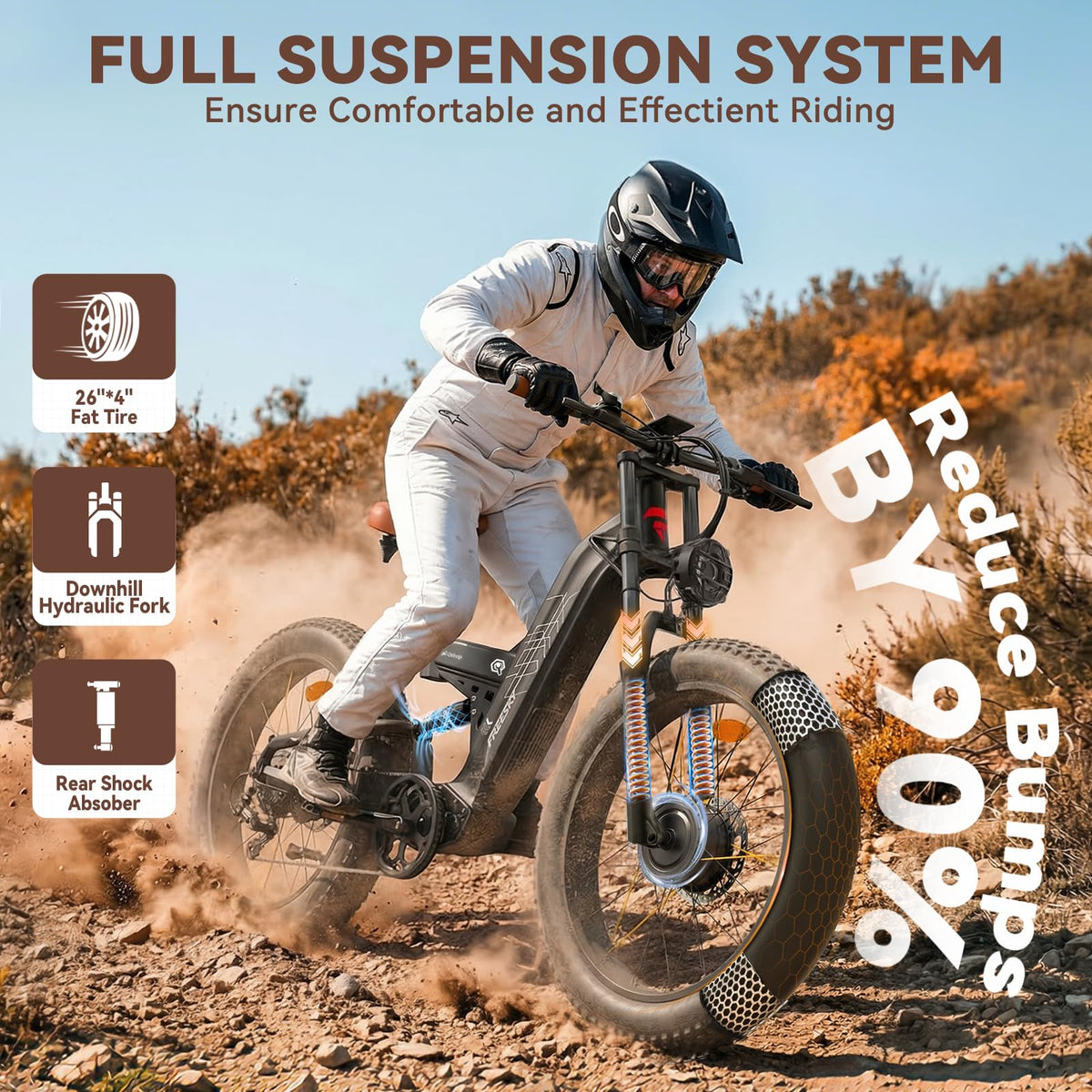 FREESKY 4000W Dual Motor Electric Bike for Adults, 48V 30AH Battery 120Miles Range, 40+MPH AWD Fast E-Bike, 26" Fat Tire Full Suspension Off-Road Mountain E Bike, Blue Grey, with Cycling Kits