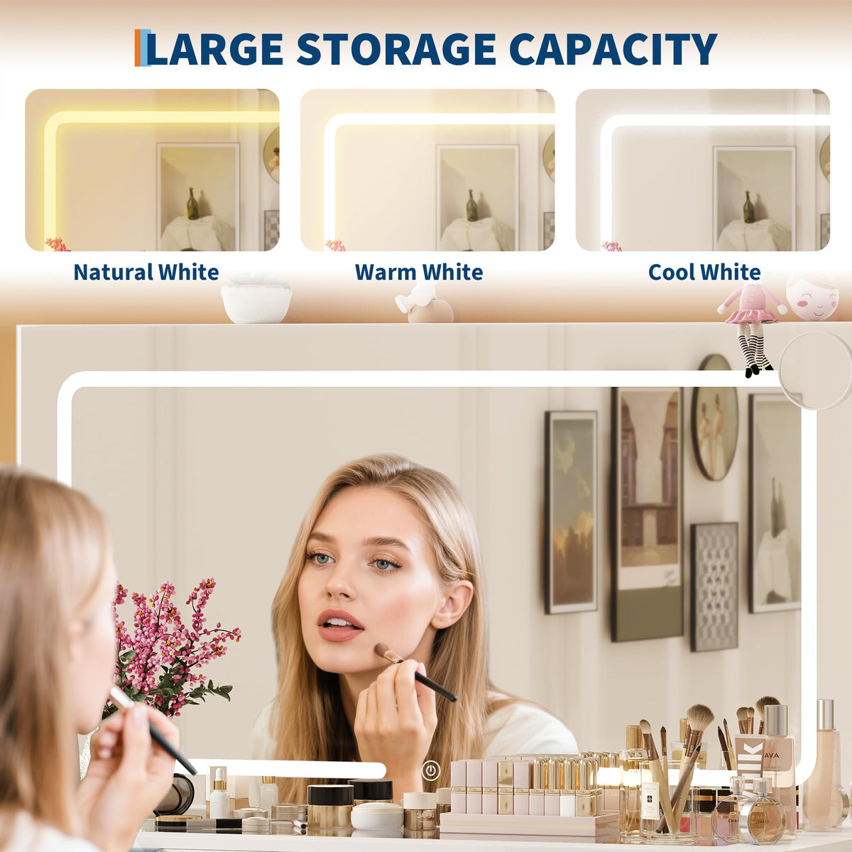 IDEALHOUSE Large Vanity Desk with Mirror, Clear Glass Top, Stool, LED Lights and Power Outlet, 45'' Width Makeup Vanity Table Set with 10 Drawers for Bedroom Dressing Room