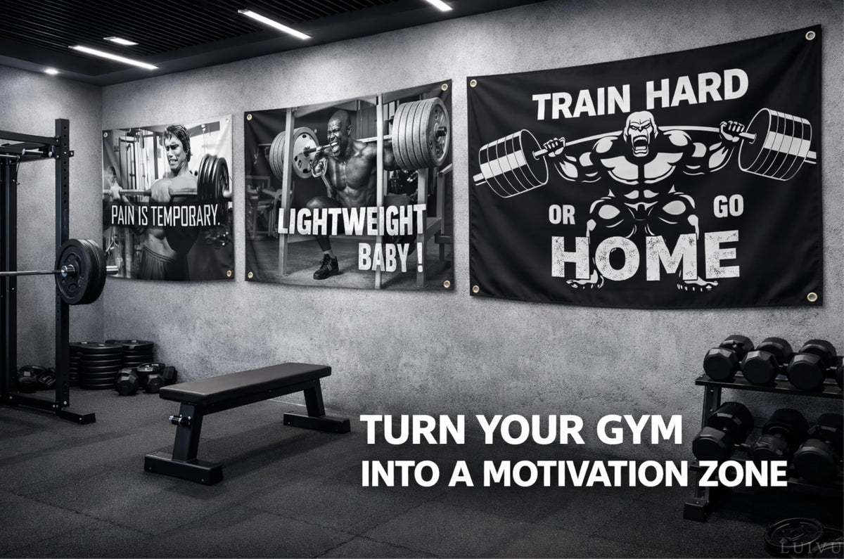 Set of 4 Motivation Gym 3x5 Polyester Flags with Four Brass Grommets - Inspire Your Workout with Single Sided Banner - Home Gym Decor for Room Guys and Man - Stay Motivated with Cool Motivation Art
