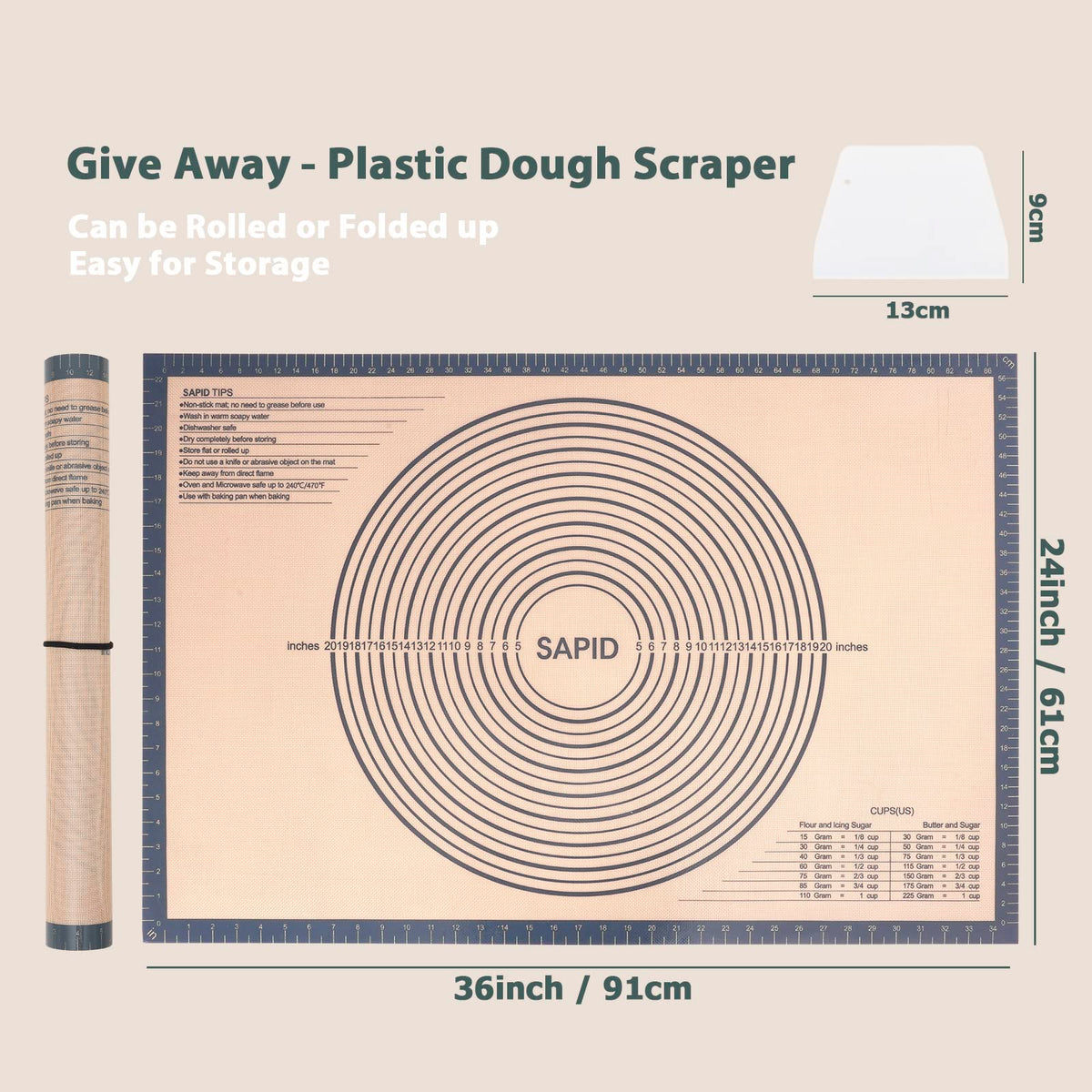 Sapid Extra Thick Silicone Pastry Mat Non-slip with Measurements for Non-stick Silicone Baking Mat Extra Large, Dough Rolling, Pie Crust, Kneading Mats, Countertop, Placement Mats (24" x 36", Gray)