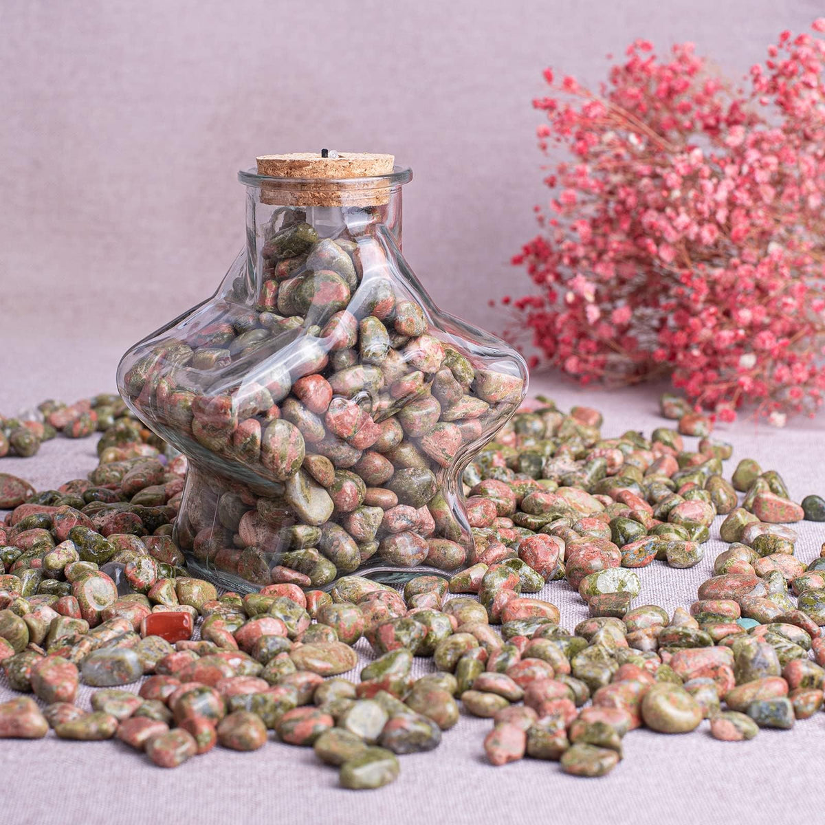 SigMntun Polished Unakite Crystal Set, 0.4", 128 Pcs - Handpicked Tumbled Stones and Crystals Bulk for Healing, Reiki, Meditation, Witchcraft and Home Decor