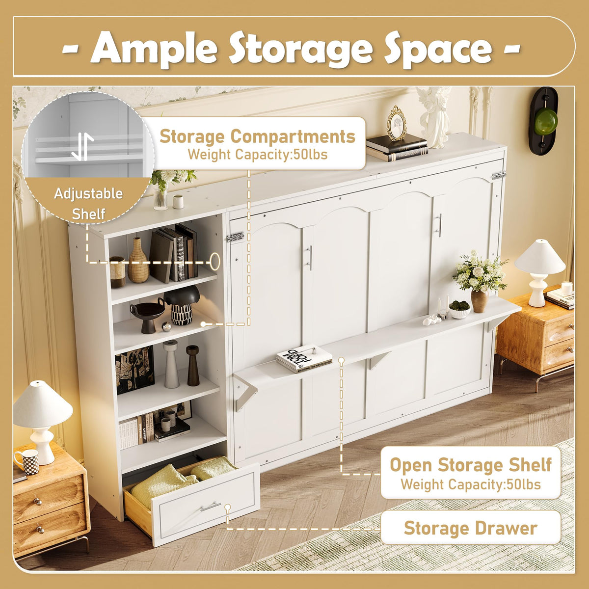 Bellemave Queen Murphy Bed with Height Adjustable Storage Compartments and Shelf, Wall Bed Frame, Murphy Cabinet with Foldable Panel, Noisy Free, for Guest Bedroom, Living Room, White