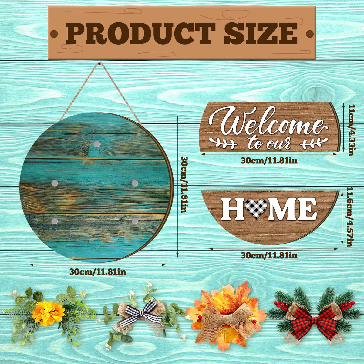 Vicenpal 22 Pcs Interchangeable Welcome Sign for Front Door with 17 Magnetic Icon Wooden Seasonal Front Porch Door Decor with 4 Seasonal Wreath for Holiday Halloween Christmas Gift(Blue,Rustic)