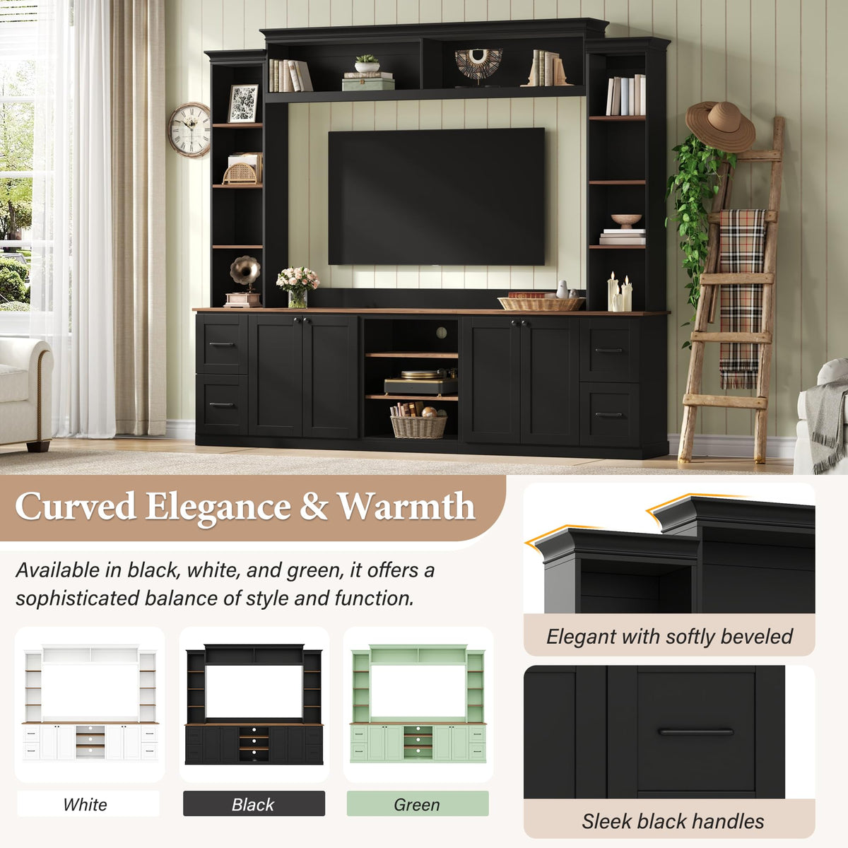 Merax 4-in-1 Wall Unit Entertainment Center with Bookshelf for TVs Up to 70", Farmhouse Large TV Stand with Walnut Adjustable Shelves, Elegant Retro Media Console with Drawers for Living Room, Black