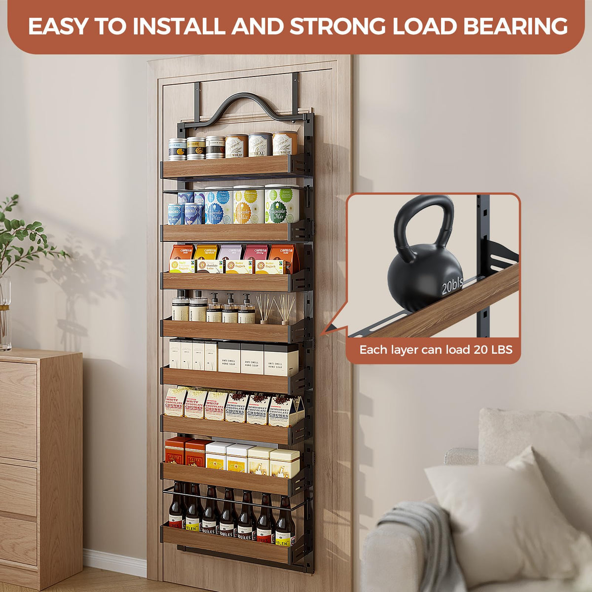 Freexployer 8-Tier Spice Rack Wall Mount, Heavy-Duty Over the Door Pantry Organizer with Wooden Adjustable Basket, 2 IN 1 Wall Mount or Hanging Pantry Door Organizer,Door Spice Rack for Pantry, Black